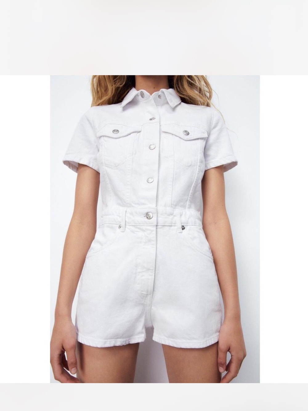 Zara white Button-Up denim romper